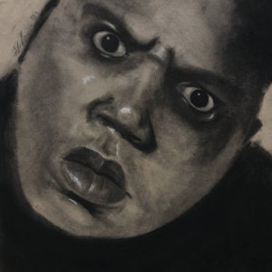 Ruben Navarro, “Big E”, tan paper, charcoal, 11″ x 14″